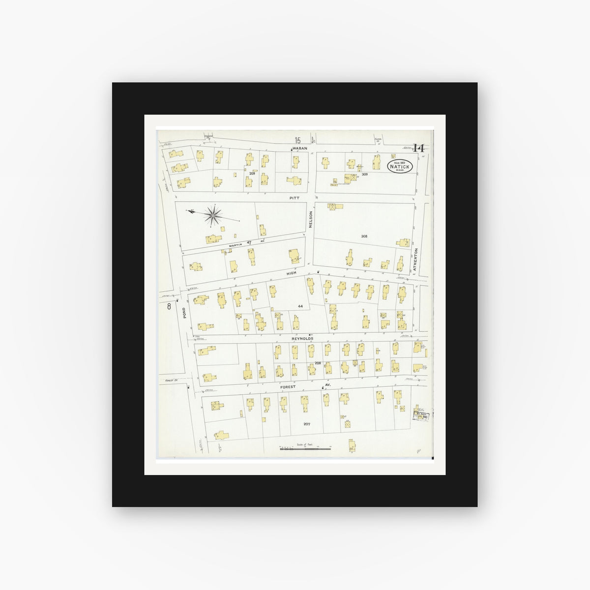 Old map wall art mockup — black gallery frame with white mat — Sanborn Fire Insurance Map from Natick, Middlesex County, Massachusetts (1909), Sheet #0014