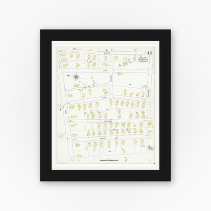 Old map wall art mockup — black gallery frame with white mat — Sanborn Fire Insurance Map from Natick, Middlesex County, Massachusetts (1909), Sheet #0014
