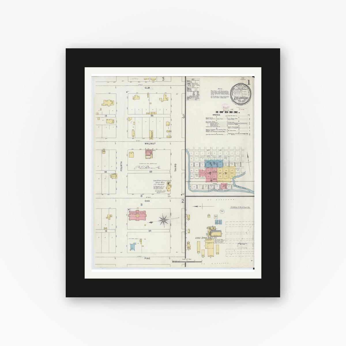 Old map wall art mockup — black gallery frame with white mat — Sanborn Fire Insurance Map from Colorado, Mitchell County, Texas (1896) - Complete Map Set