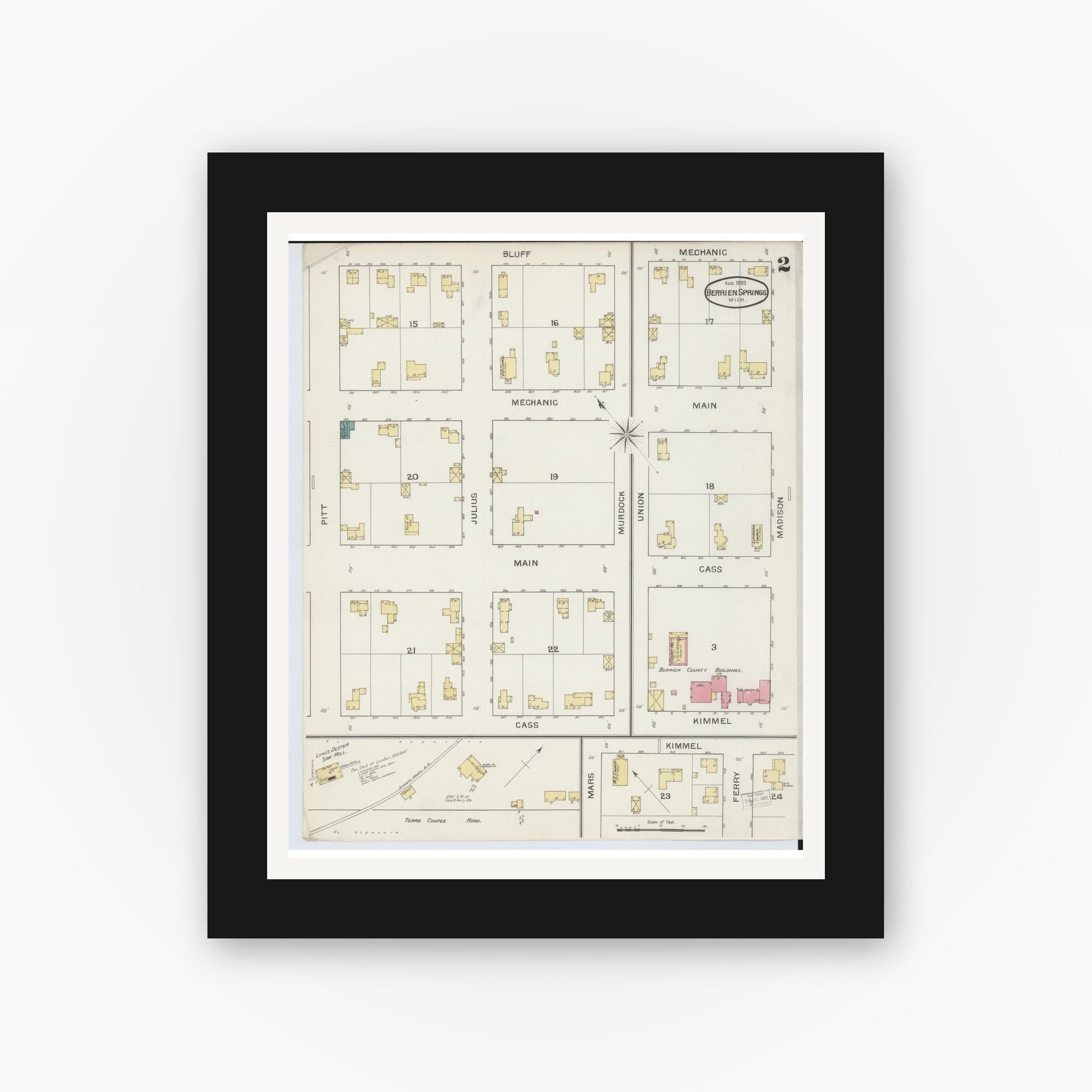 Old map wall art mockup — black gallery frame with white mat — Sanborn Fire Insurance Map from Berrien Springs, Berrien County, Michigan (1893), Sheet #0002