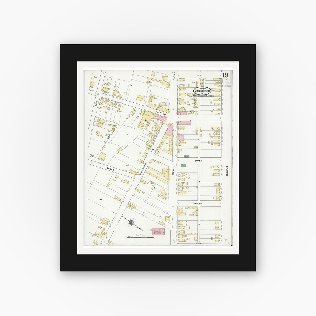 Old map wall art mockup — black gallery frame with white mat — Sanborn Fire Insurance Map from Manchester, Chesterfield County, Virginia (1910), Sheet #0013