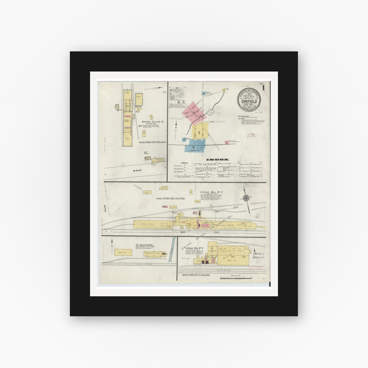 Old map wall art mockup — black gallery frame with white mat — Sanborn Fire Insurance Map from Oakfield, Genesee County, New York (1910), Sheet #0001