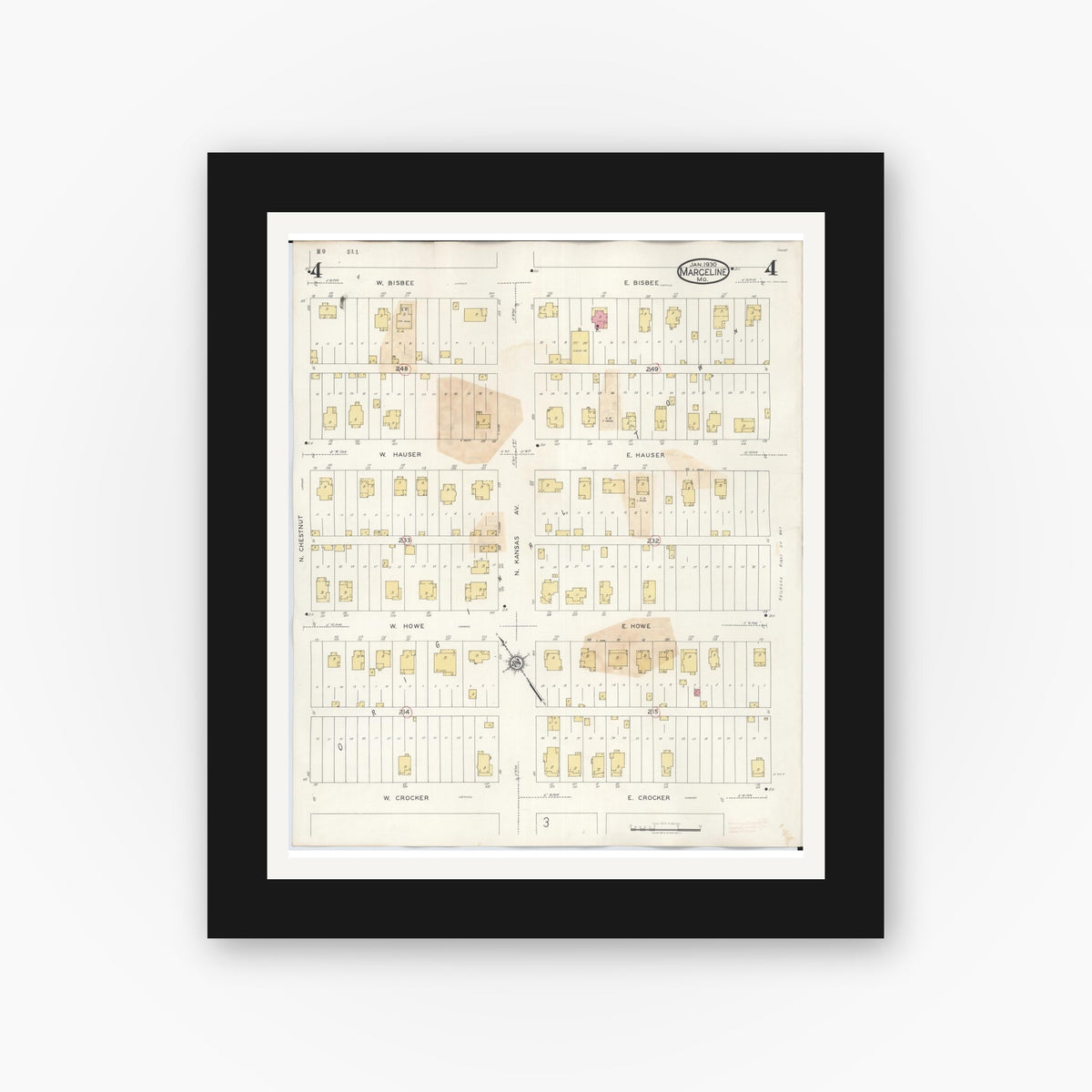 Old map wall art mockup — black gallery frame with white mat — Sanborn Fire Insurance Map from Marceline, Linn County, Missouri (1939), Sheet #0004