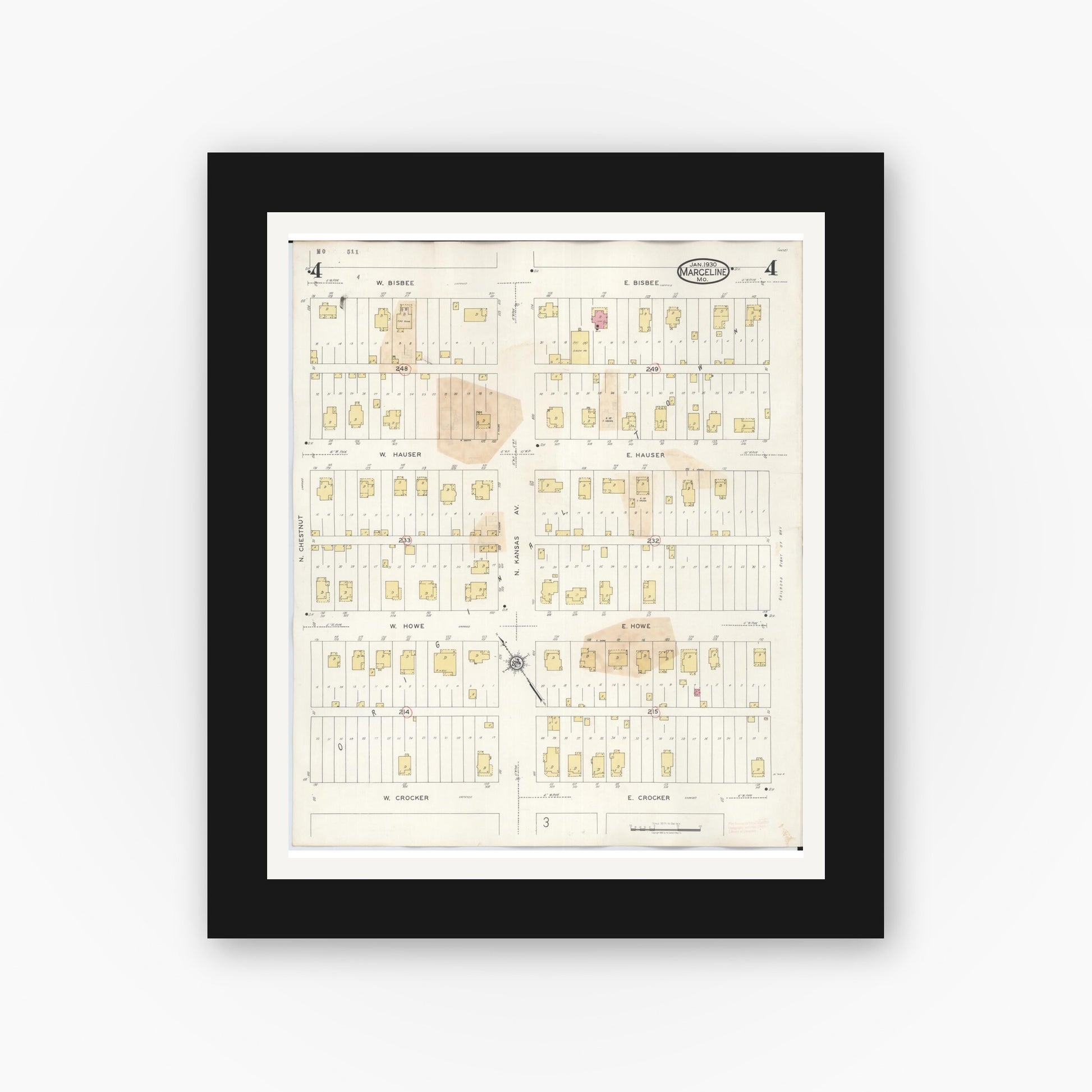 Old map wall art mockup — black gallery frame with white mat — Sanborn Fire Insurance Map from Marceline, Linn County, Missouri (1939), Sheet #0004