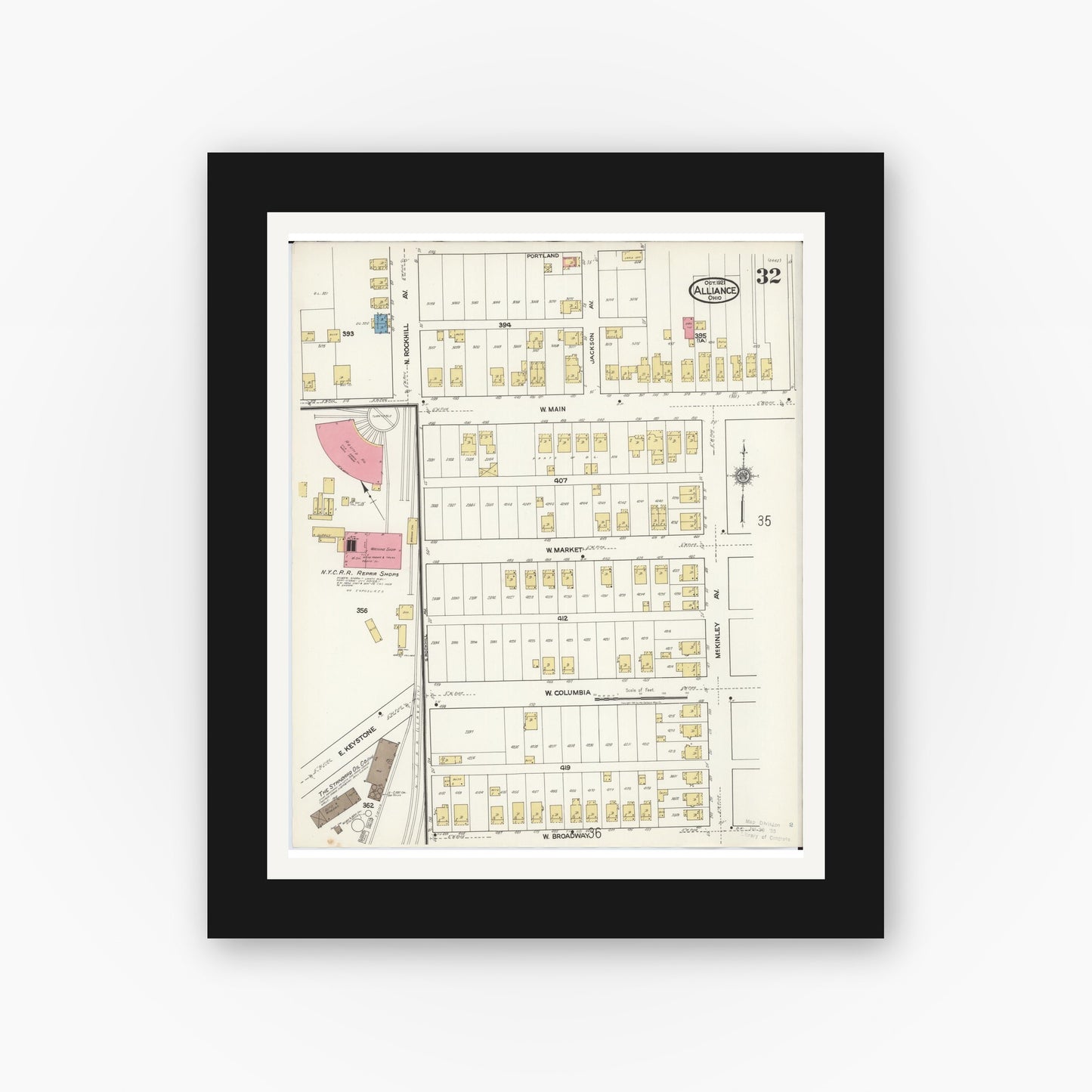 Old map wall art mockup — black gallery frame with white mat — Sanborn Fire Insurance Map from Alliance, Stark County, Ohio (1921), Sheet #0032