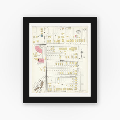 Old map wall art mockup — black gallery frame with white mat — Sanborn Fire Insurance Map from Alliance, Stark County, Ohio (1921), Sheet #0032