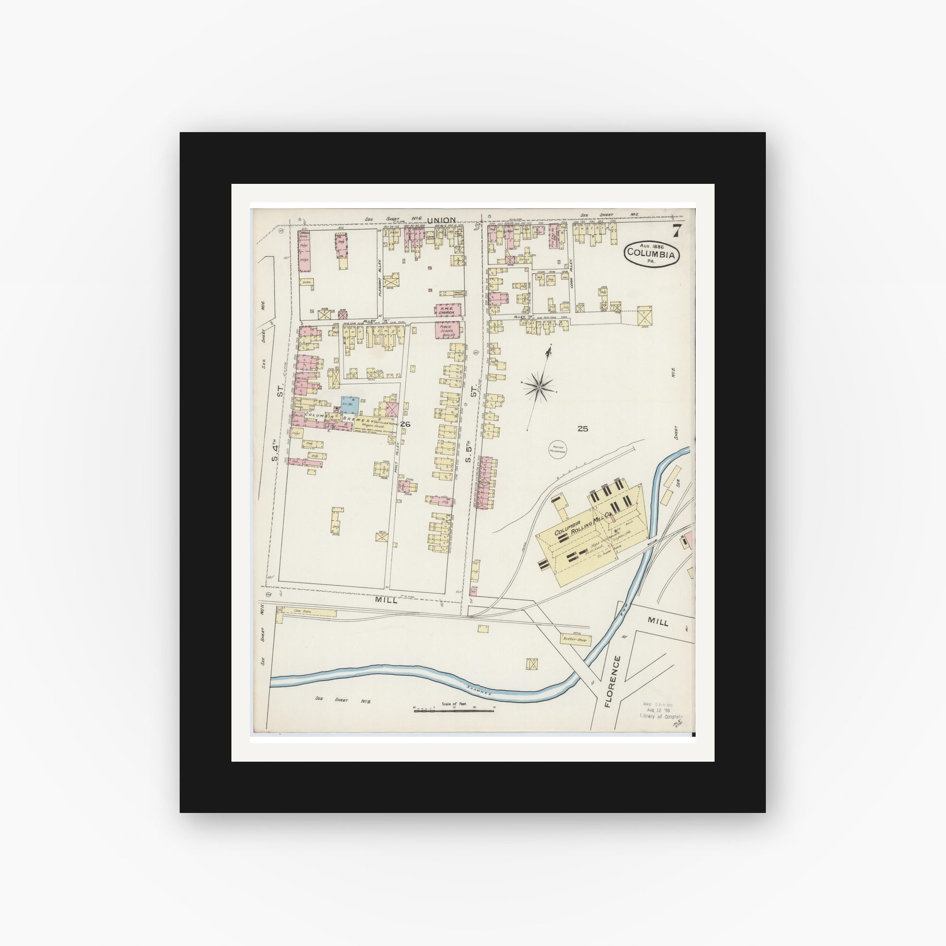 Old map wall art mockup — black gallery frame with white mat — Sanborn Fire Insurance Map from Columbia, Lancaster County, Pennsylvania (1886), Sheet #0007