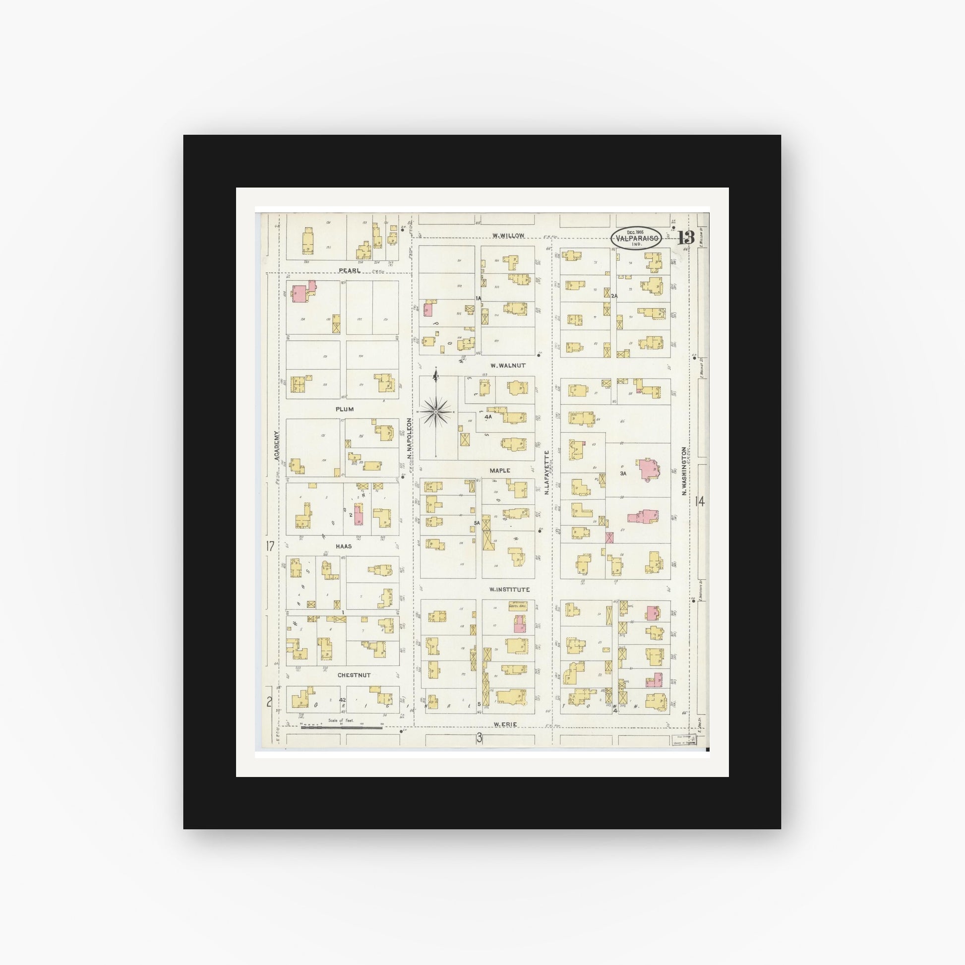 Old map wall art mockup — black gallery frame with white mat — Sanborn Fire Insurance Map from Valparaiso, Porter County, Indiana (1905), Sheet #0013
