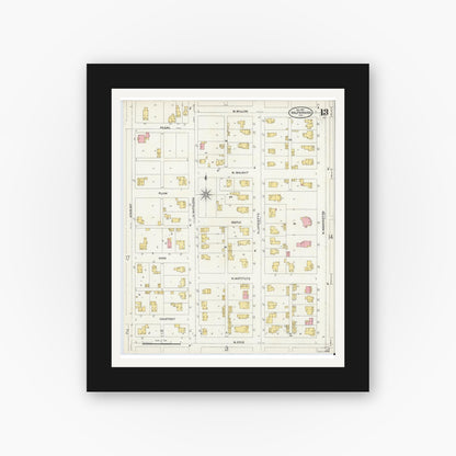 Old map wall art mockup — black gallery frame with white mat — Sanborn Fire Insurance Map from Valparaiso, Porter County, Indiana (1905), Sheet #0013