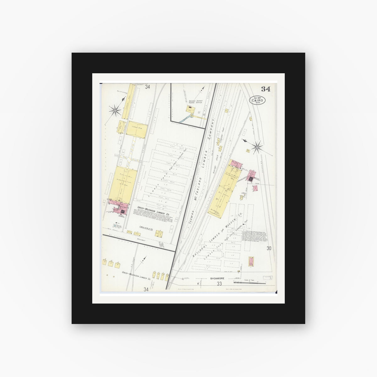 Old map wall art mockup — black gallery frame with white mat — Sanborn Fire Insurance Map from Cairo, Alexander County, Illinois (1907), Sheet #0034