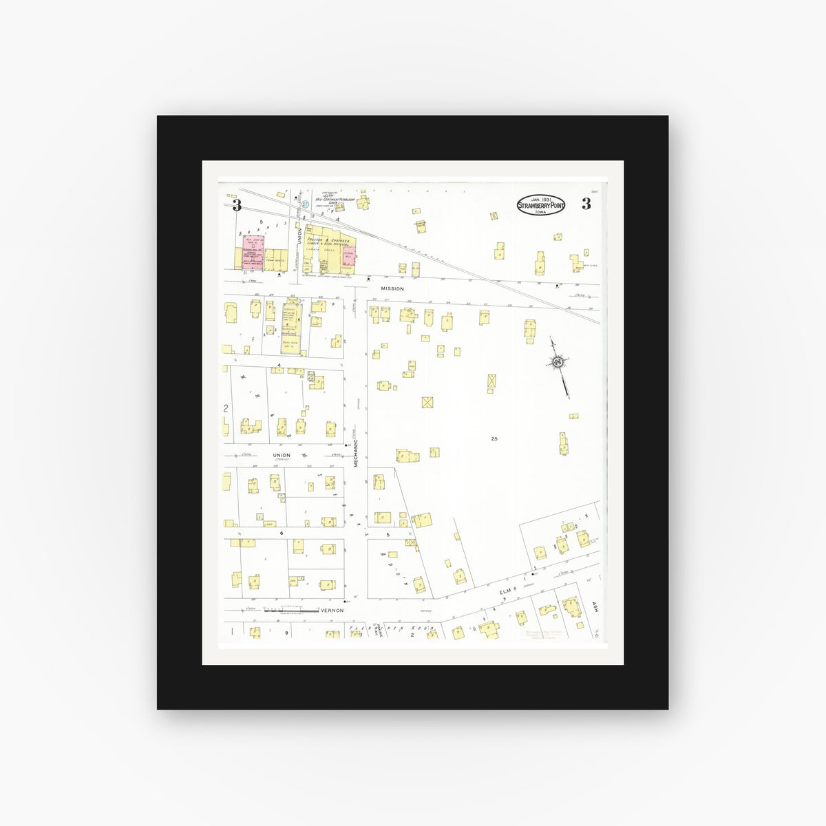 Old map wall art mockup — black gallery frame with white mat — Sanborn Fire Insurance Map from Strawberry Point, Clayton County, Iowa (1931), Sheet #0003
