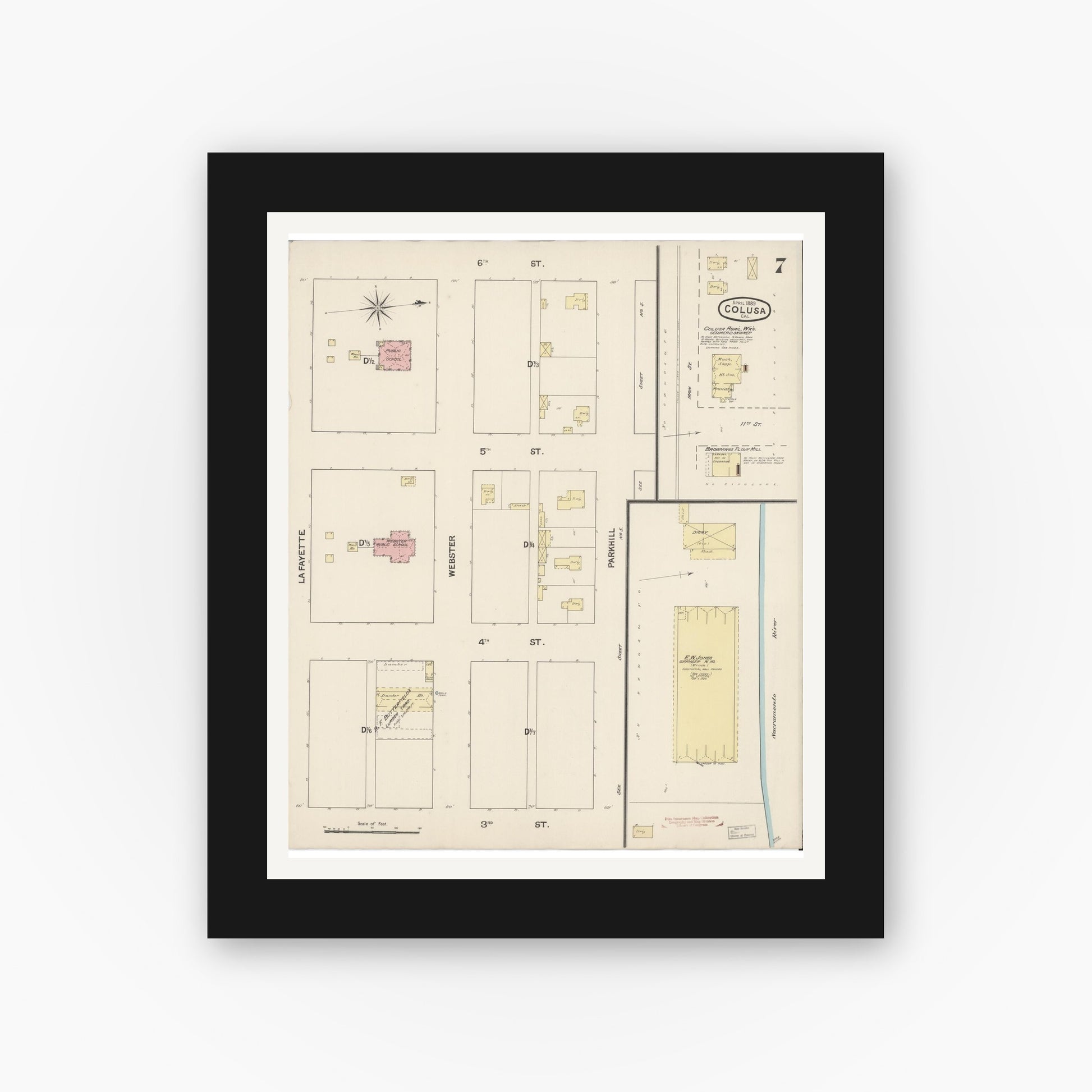 Old map wall art mockup — black gallery frame with white mat — Sanborn Fire Insurance Map from Colusa, Colusa County, California (1889), Sheet #0007