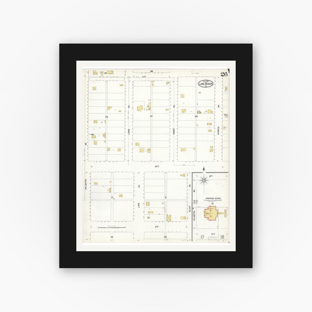 Old map wall art mockup — black gallery frame with white mat — Sanborn Fire Insurance Map from Long Beach, Los Angeles County, California (1902), Sheet #0026