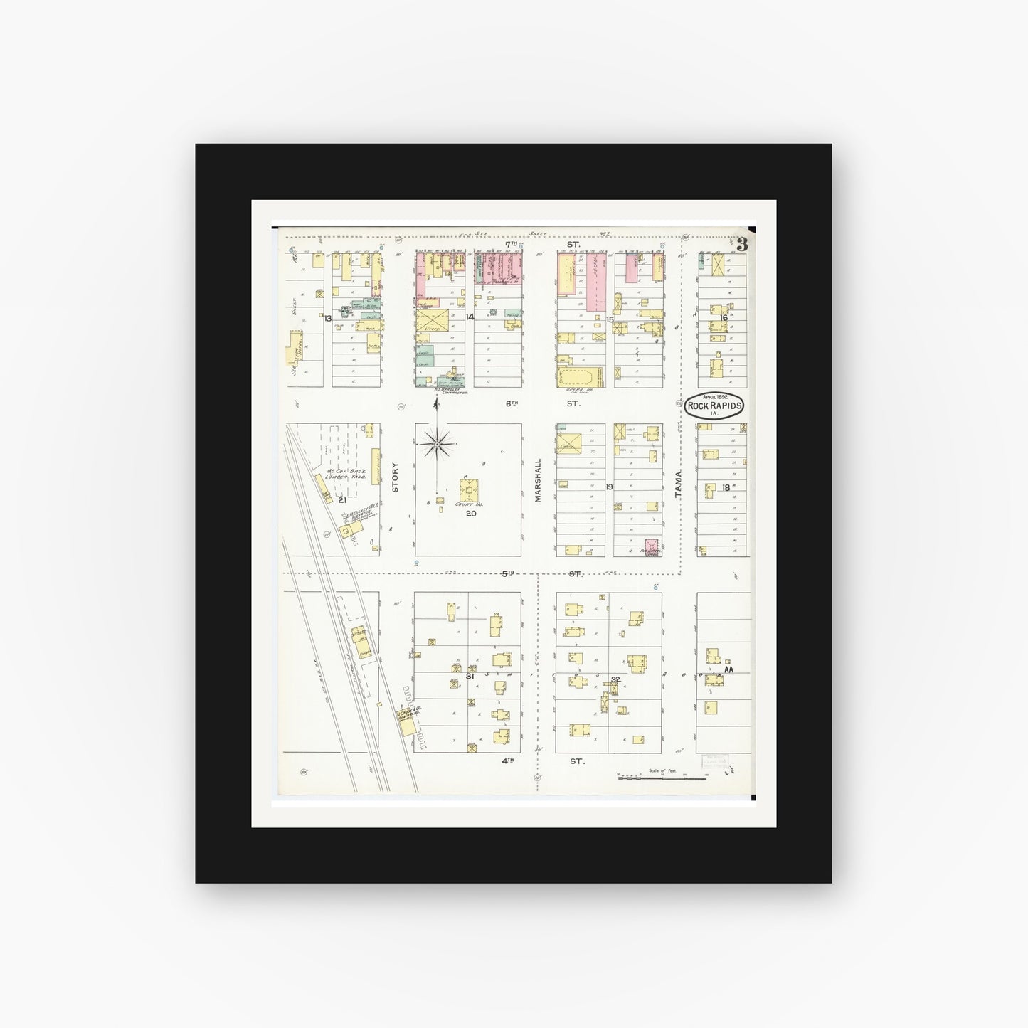 Old map wall art mockup — black gallery frame with white mat — Sanborn Fire Insurance Map from Rock Rapids, Lyon County, Iowa (1892), Sheet #0003
