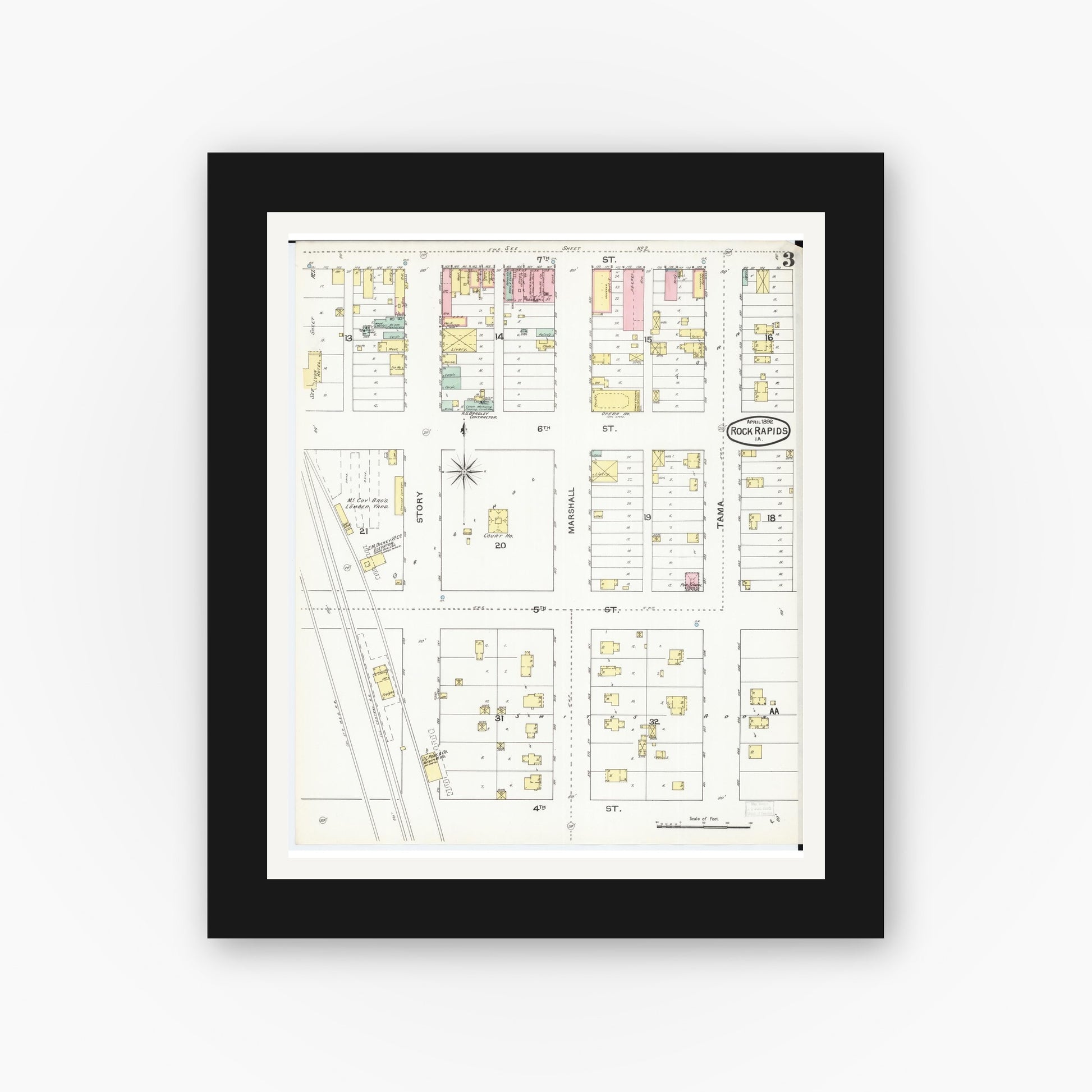 Old map wall art mockup — black gallery frame with white mat — Sanborn Fire Insurance Map from Rock Rapids, Lyon County, Iowa (1892), Sheet #0003