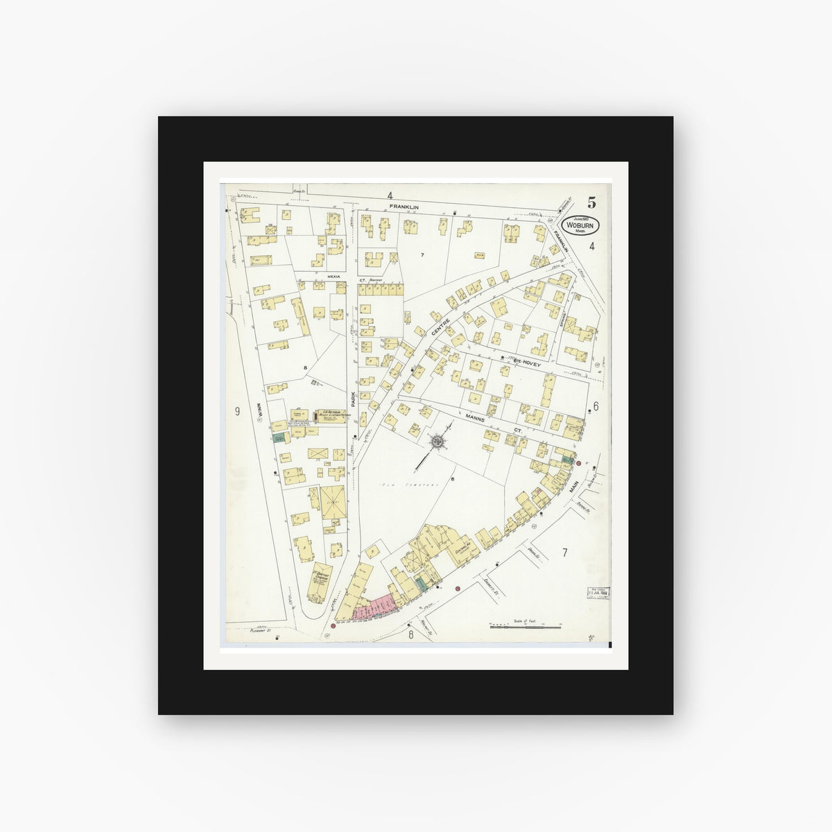 Old map wall art mockup — black gallery frame with white mat — Sanborn Fire Insurance Map from Woburn, Middlesex County, Massachusetts (1910), Sheet #0005