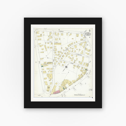 Old map wall art mockup — black gallery frame with white mat — Sanborn Fire Insurance Map from Woburn, Middlesex County, Massachusetts (1910), Sheet #0005