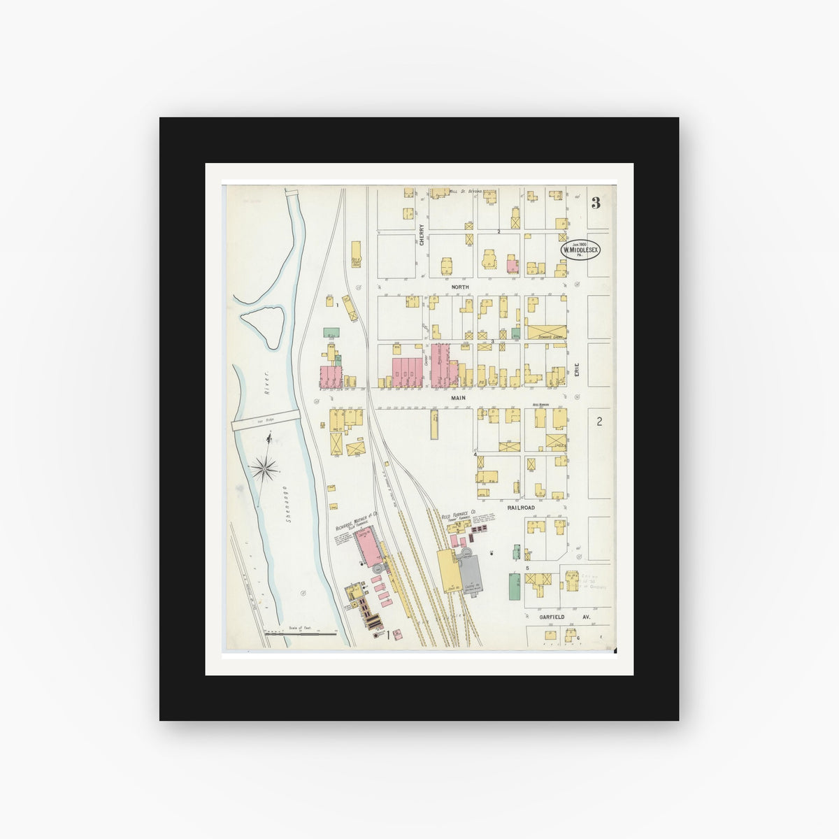 Old map wall art mockup — black gallery frame with white mat — Sanborn Fire Insurance Map from West Middlesex, Mercer County, Pennsylvania (1900), Sheet #0003