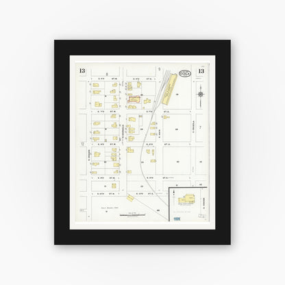 Old map wall art mockup — black gallery frame with white mat — Sanborn Fire Insurance Map from Ocala, Marion County, Florida (1924), Sheet #0013