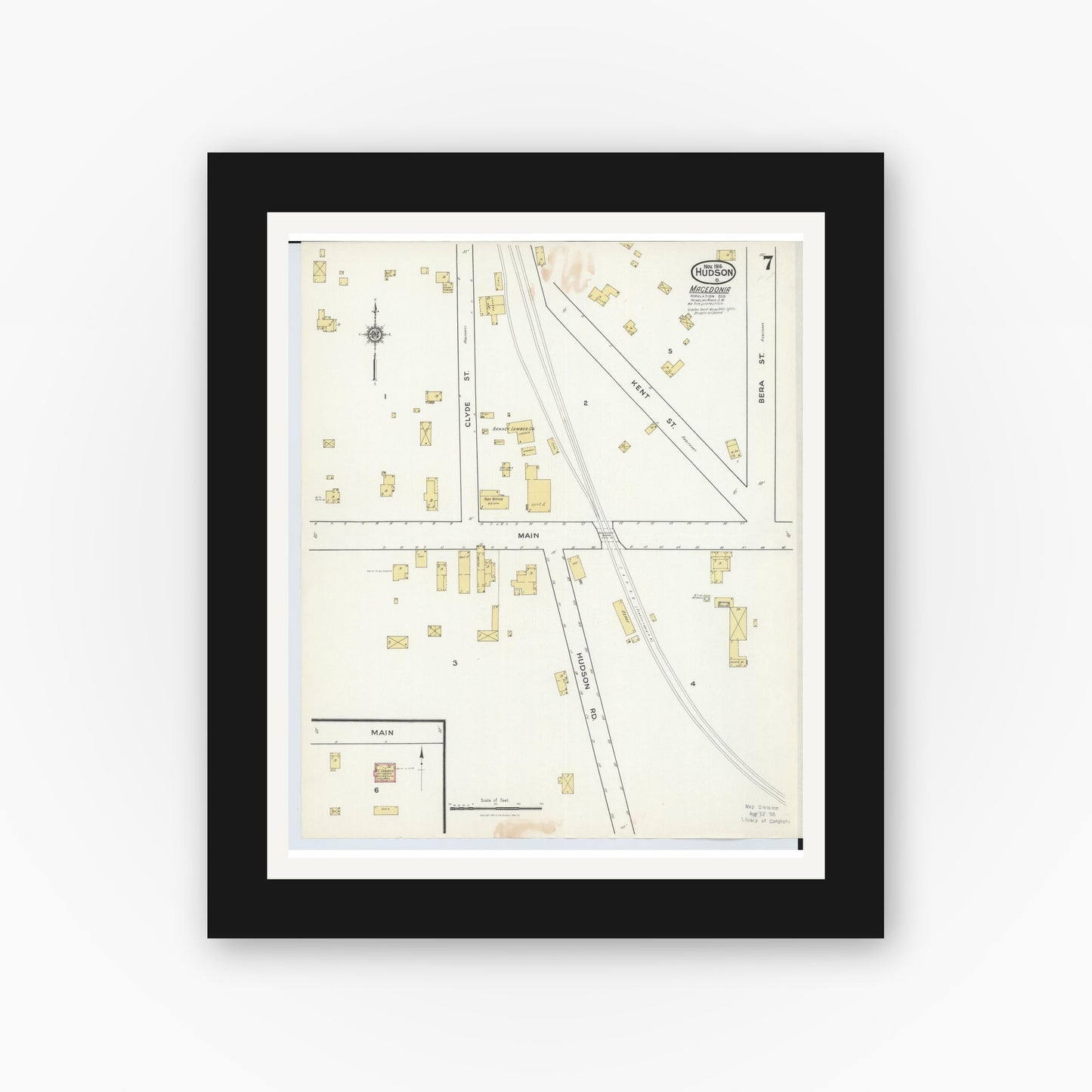 Old map wall art mockup — black gallery frame with white mat — Sanborn Fire Insurance Map from Hudson, Summit County, Ohio (1916), Sheet #0007