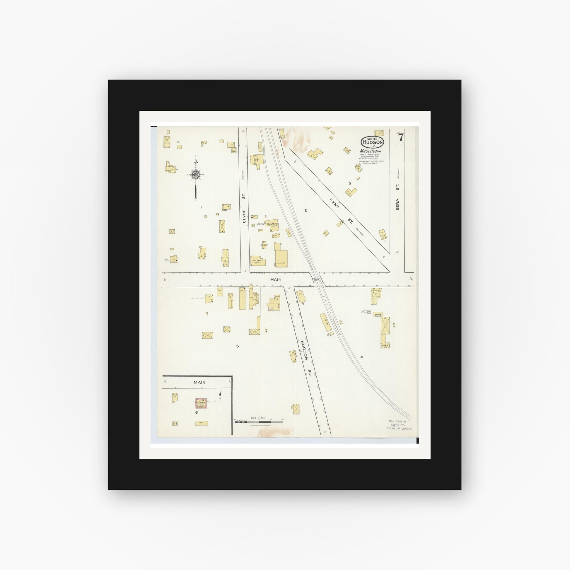 Old map wall art mockup — black gallery frame with white mat — Sanborn Fire Insurance Map from Hudson, Summit County, Ohio (1916), Sheet #0007