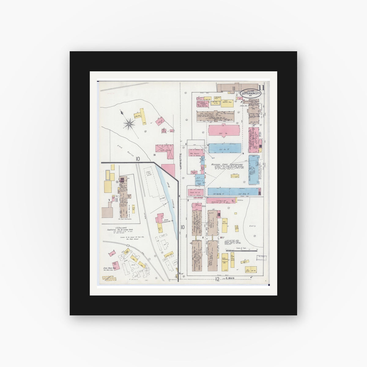 Old map wall art mockup — black gallery frame with white mat — Sanborn Fire Insurance Map from Jefferson City, Cole County, Missouri (1898), Sheet #0011