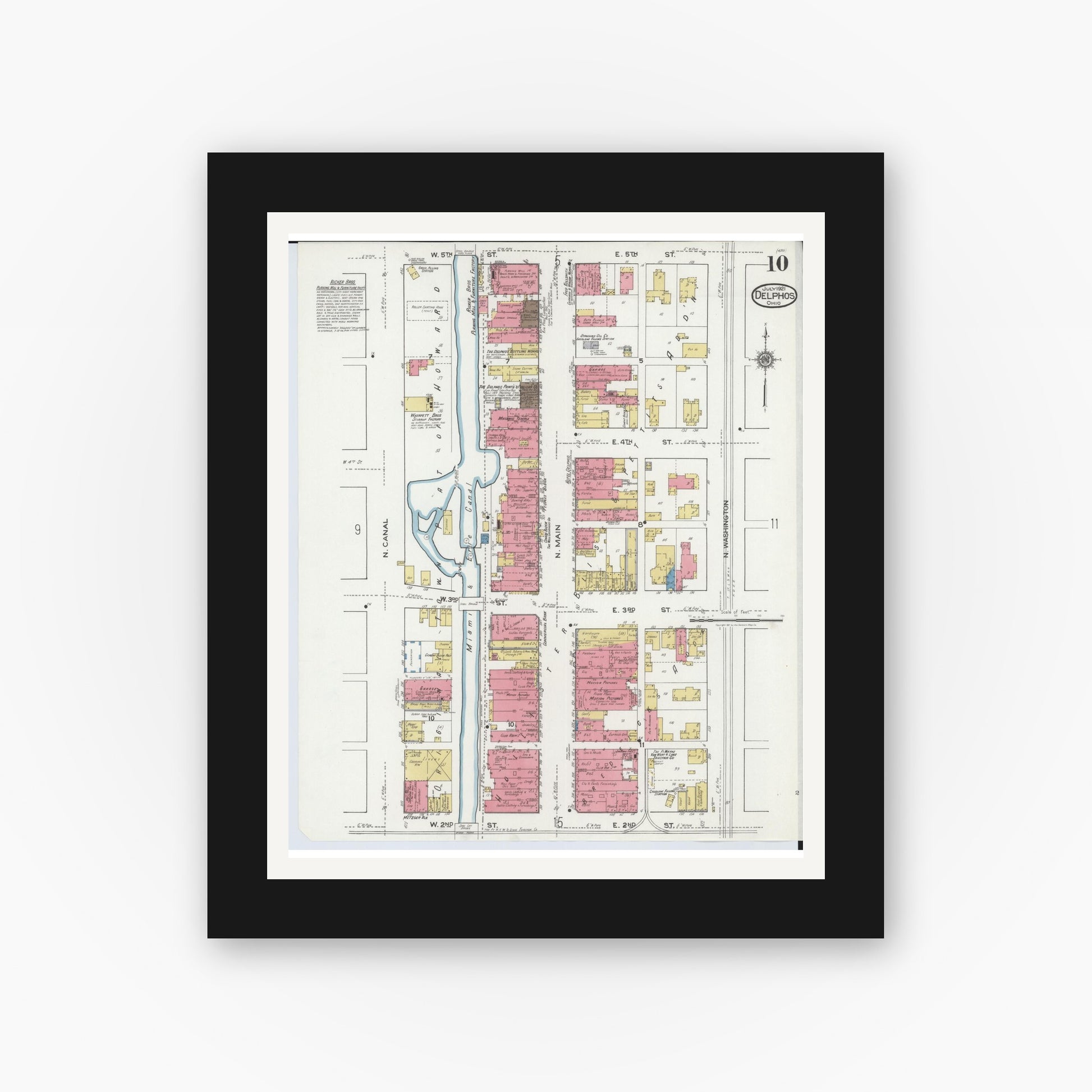 Old map wall art mockup — black gallery frame with white mat — Sanborn Fire Insurance Map from Delphos, Van Wert And Allen Counties, Ohio (1921), Sheet #0010