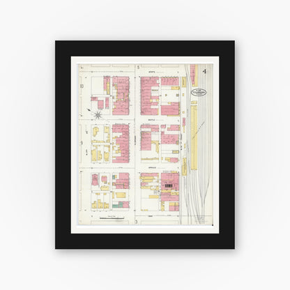 Old map wall art mockup — black gallery frame with white mat — Sanborn Fire Insurance Map from Texarkana, Bowie County, Texas (1905), Sheet #0004