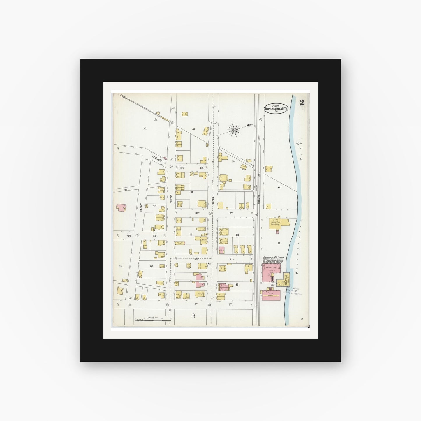 Old map wall art mockup — black gallery frame with white mat — Sanborn Fire Insurance Map from Monongahela City, Washington County, Pennsylvania (1900), Sheet #0002