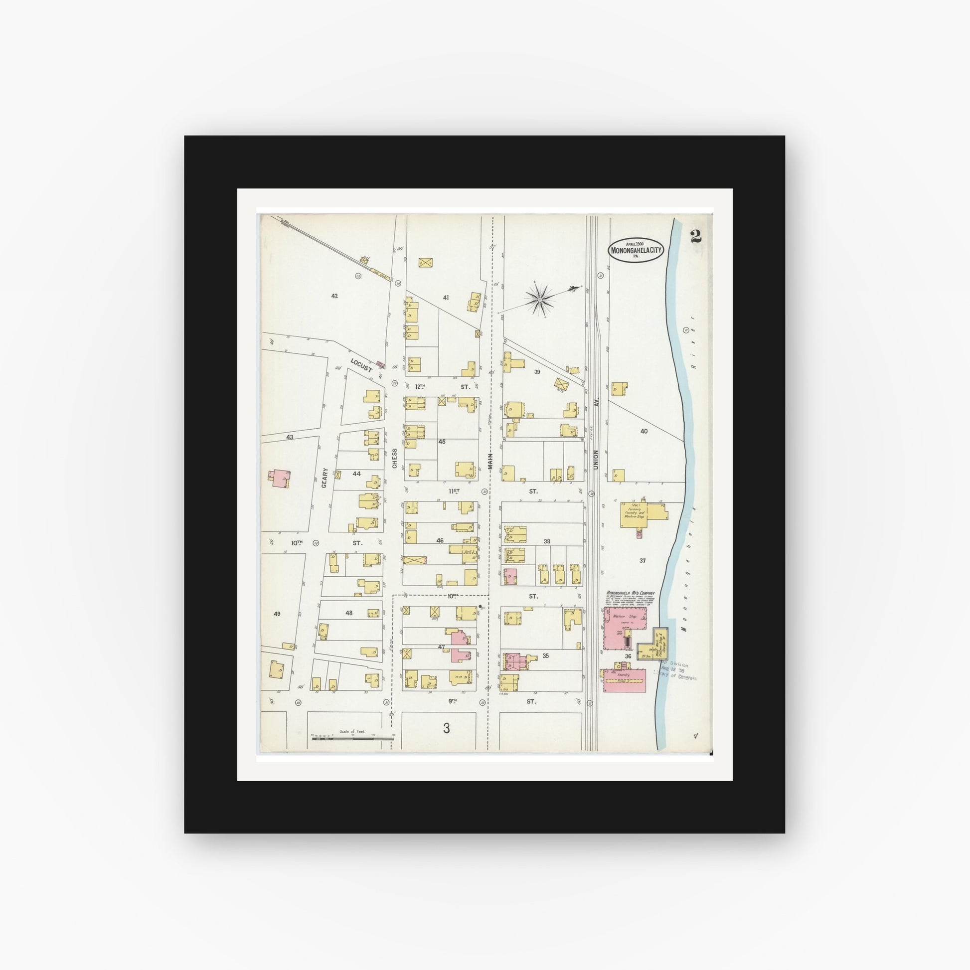 Old map wall art mockup — black gallery frame with white mat — Sanborn Fire Insurance Map from Monongahela City, Washington County, Pennsylvania (1900), Sheet #0002