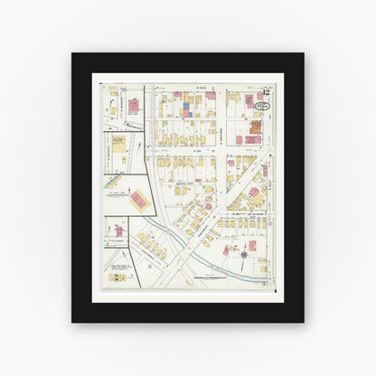 Old map wall art mockup — black gallery frame with white mat — Sanborn Fire Insurance Map from Xenia, Greene County, Ohio (1919), Sheet #0012