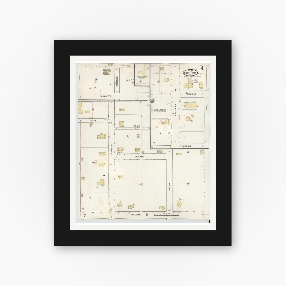 Old map wall art mockup — black gallery frame with white mat — Sanborn Fire Insurance Map from Pilot Point, Denton County, Texas (1940), Sheet #0004