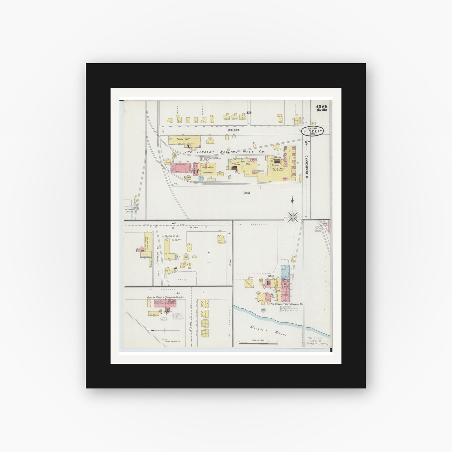 Old map wall art mockup — black gallery frame with white mat — Sanborn Fire Insurance Map from Findlay, Hancock County, Ohio (1895), Sheet #0022