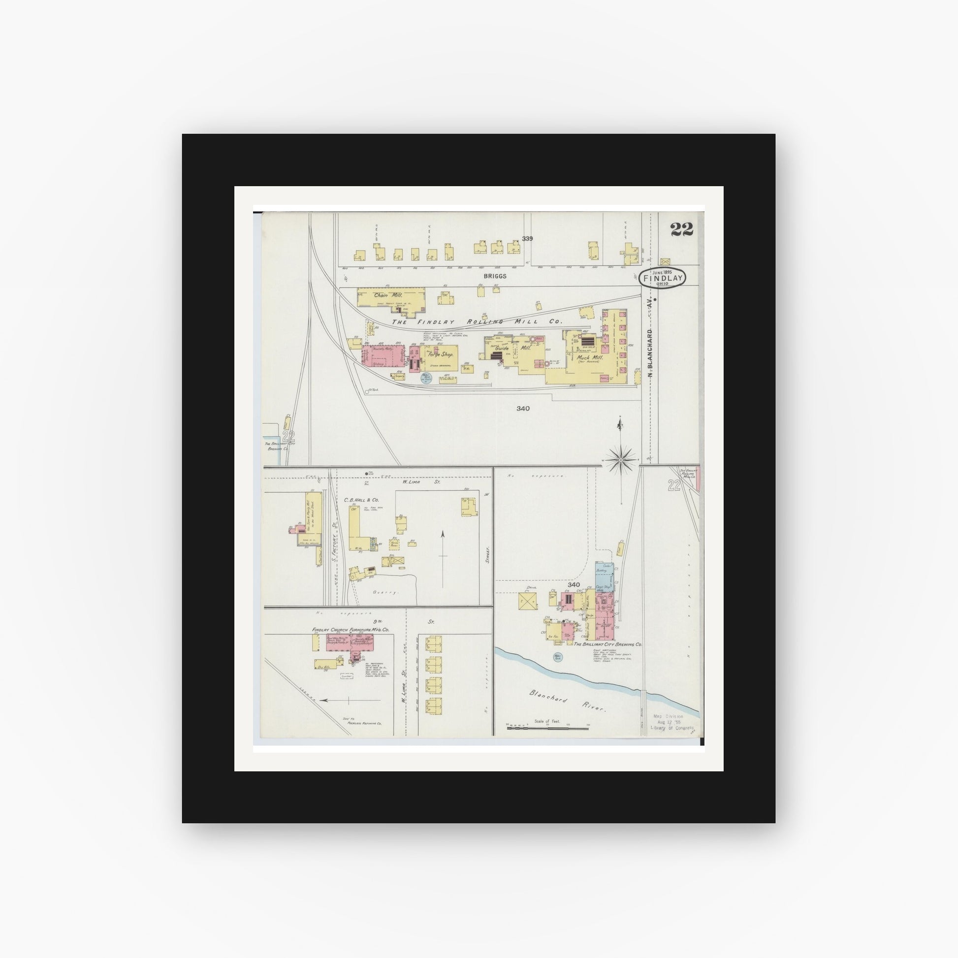 Old map wall art mockup — black gallery frame with white mat — Sanborn Fire Insurance Map from Findlay, Hancock County, Ohio (1895), Sheet #0022