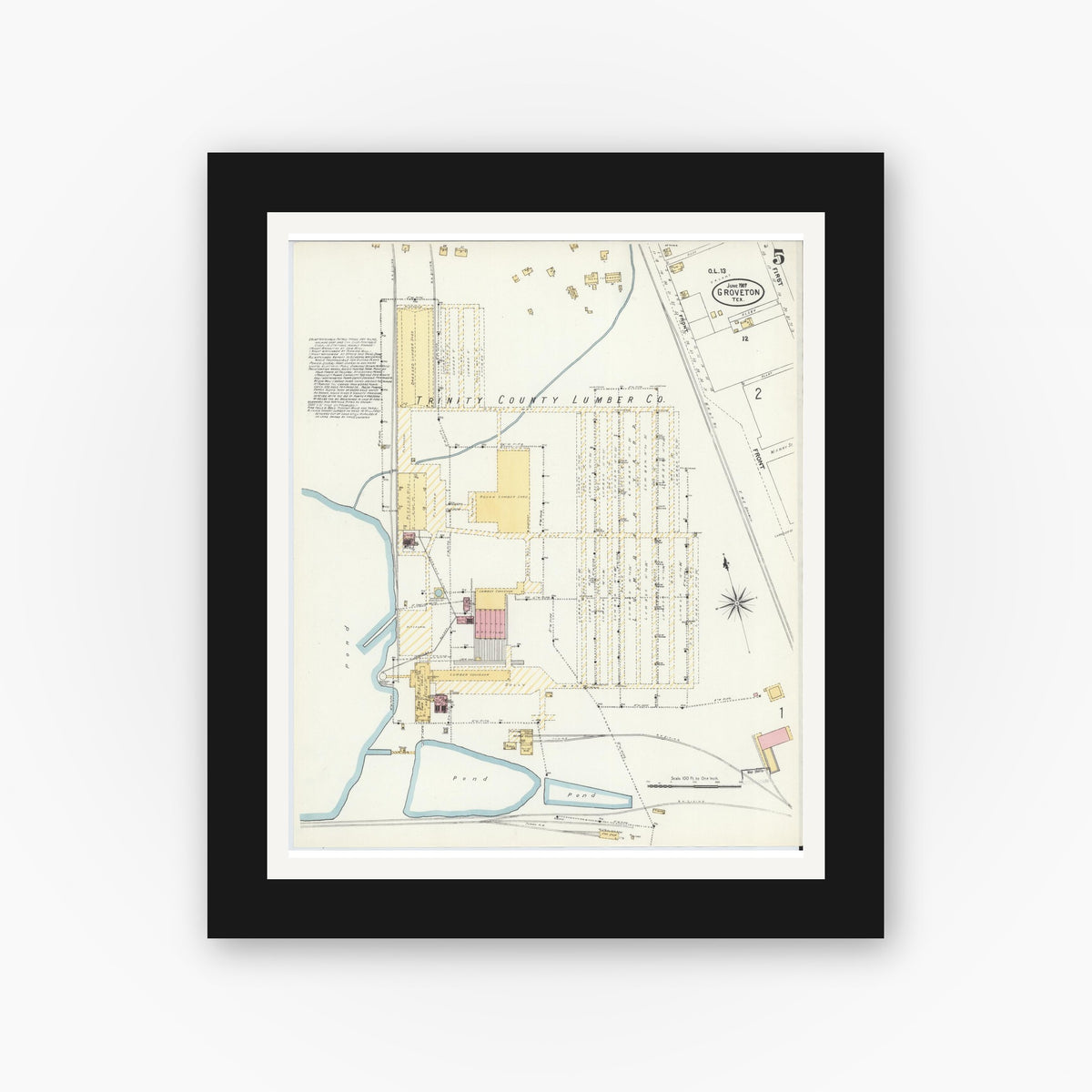 Old map wall art mockup — black gallery frame with white mat — Sanborn Fire Insurance Map from Groveton, Trinity County, Texas (1907), Sheet #0005