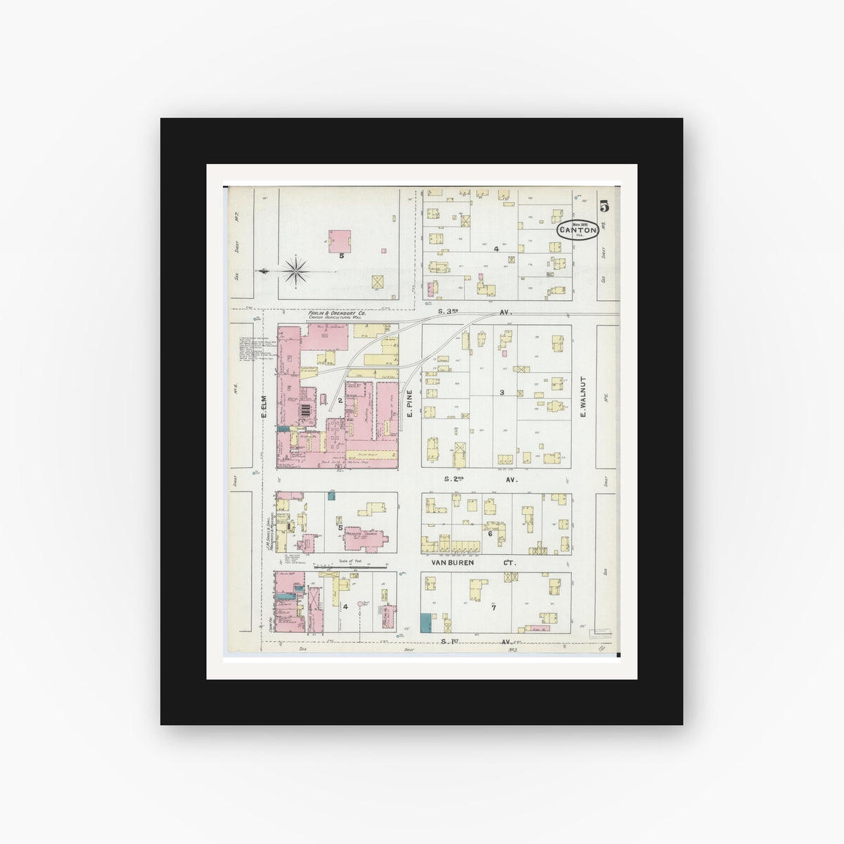 Old map wall art mockup — black gallery frame with white mat — Sanborn Fire Insurance Map from Canton, Fulton County, Illinois (1891), Sheet #0005