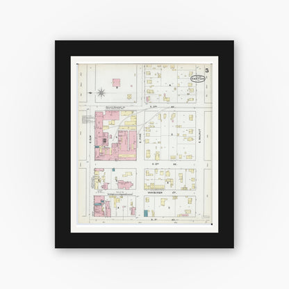 Old map wall art mockup — black gallery frame with white mat — Sanborn Fire Insurance Map from Canton, Fulton County, Illinois (1891), Sheet #0005
