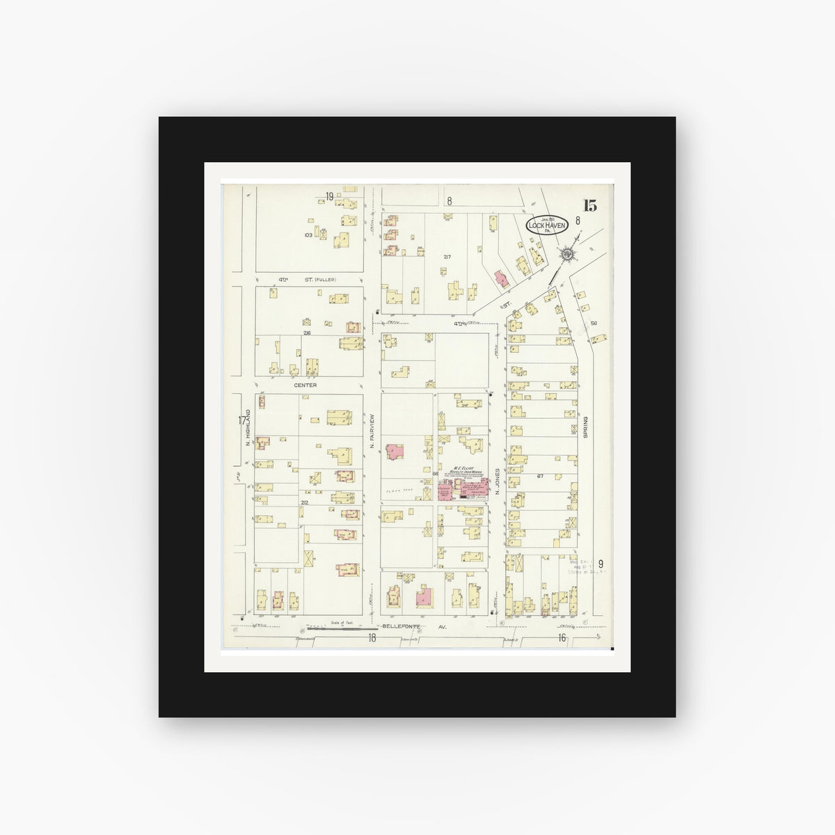 Old map wall art mockup — black gallery frame with white mat — Sanborn Fire Insurance Map from Lock Haven, Clinton County, Pennsylvania (1914), Sheet #0015