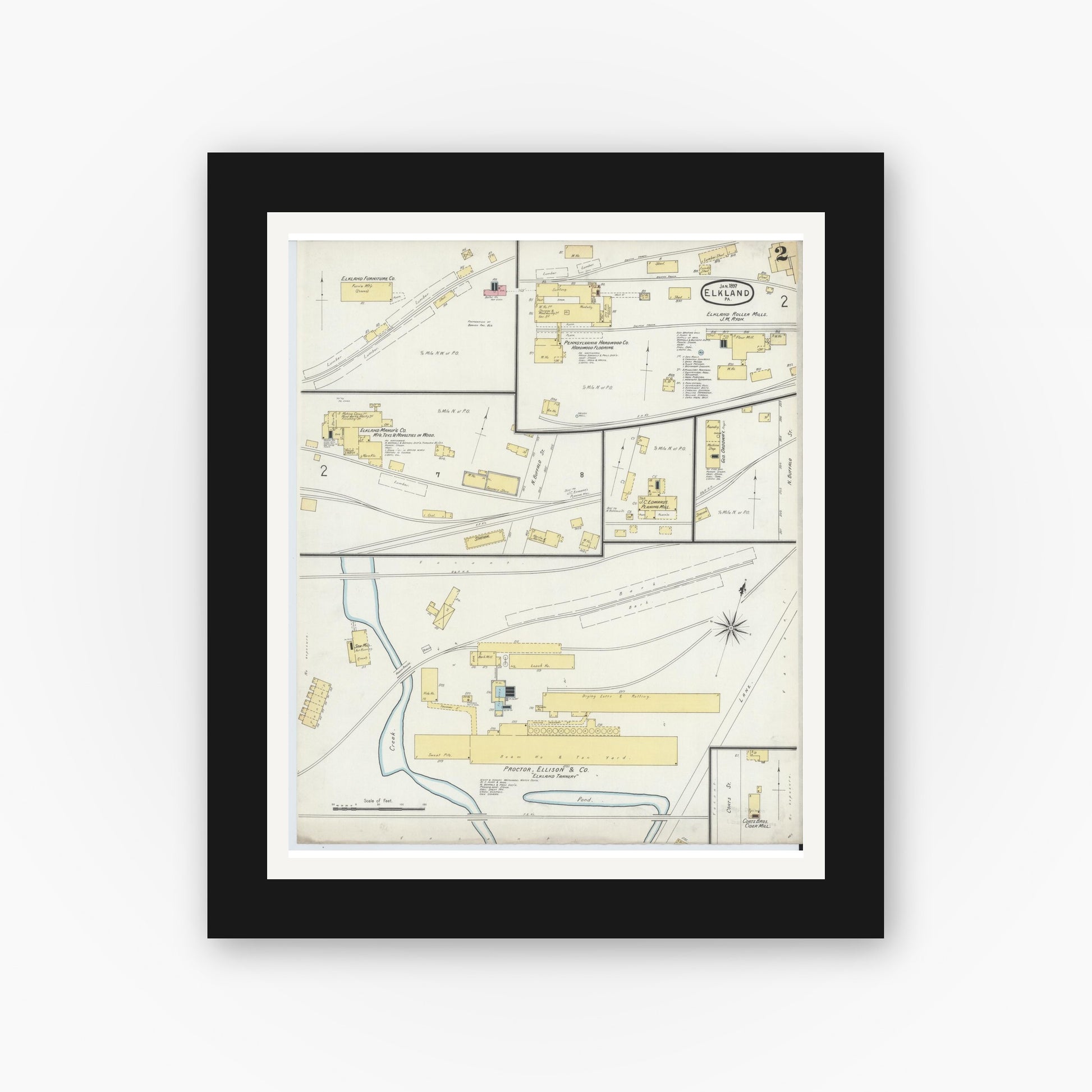 Old map wall art mockup — black gallery frame with white mat — Sanborn Fire Insurance Map from Elkland, Tioga County, Pennsylvania (1897), Sheet #0002