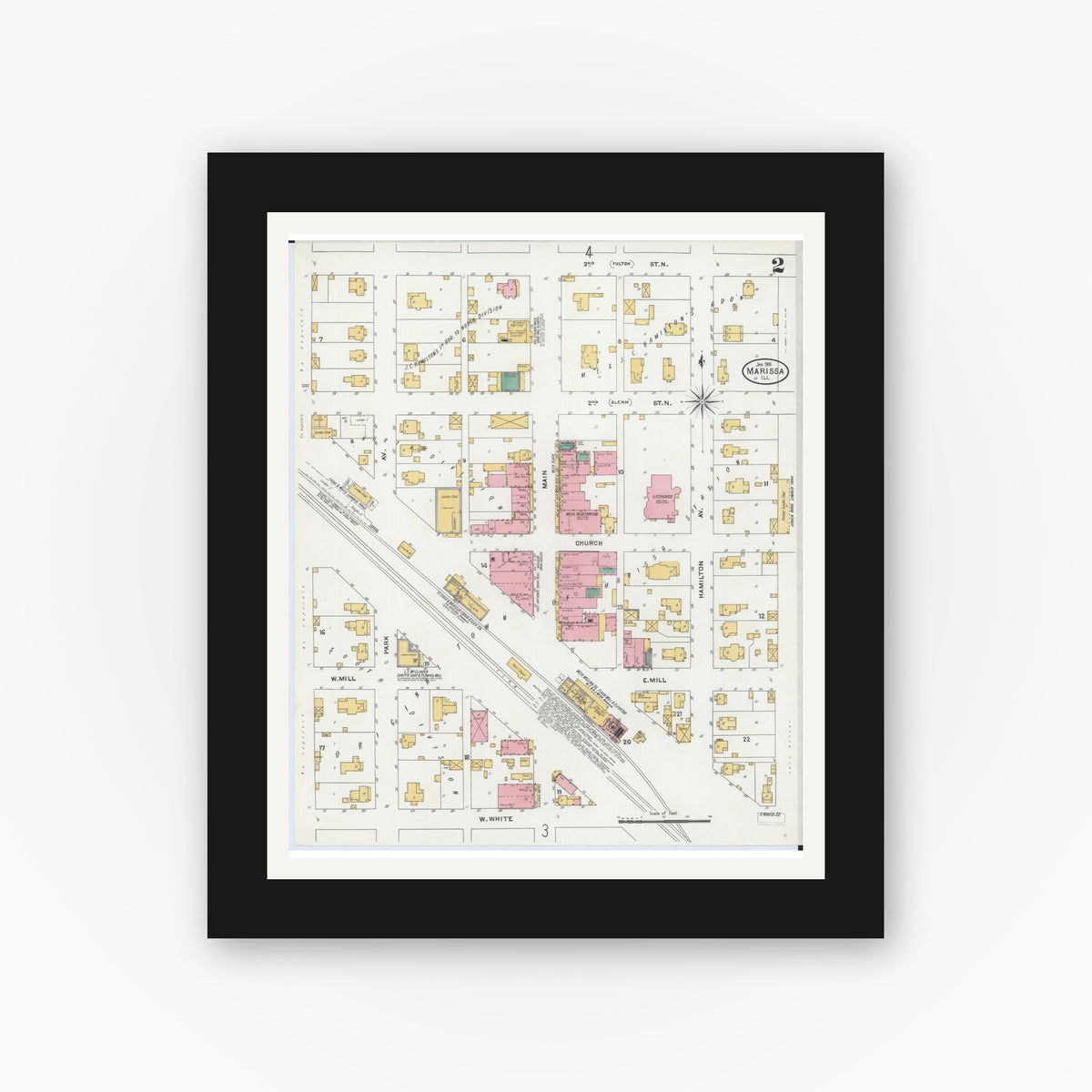 Old map wall art mockup — black gallery frame with white mat — Sanborn Fire Insurance Map from Marissa, Saint Clair County, Illinois (1906), Sheet #0002