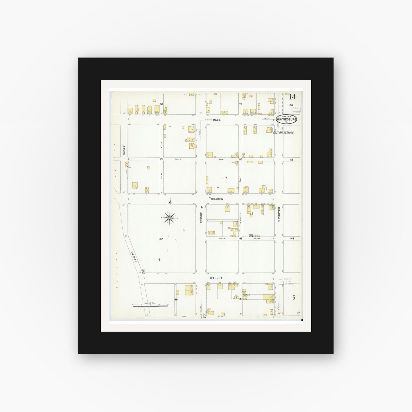 Old map wall art mockup — black gallery frame with white mat — Sanborn Fire Insurance Map from Waynesburg, Greene County, Pennsylvania (1908), Sheet #0014