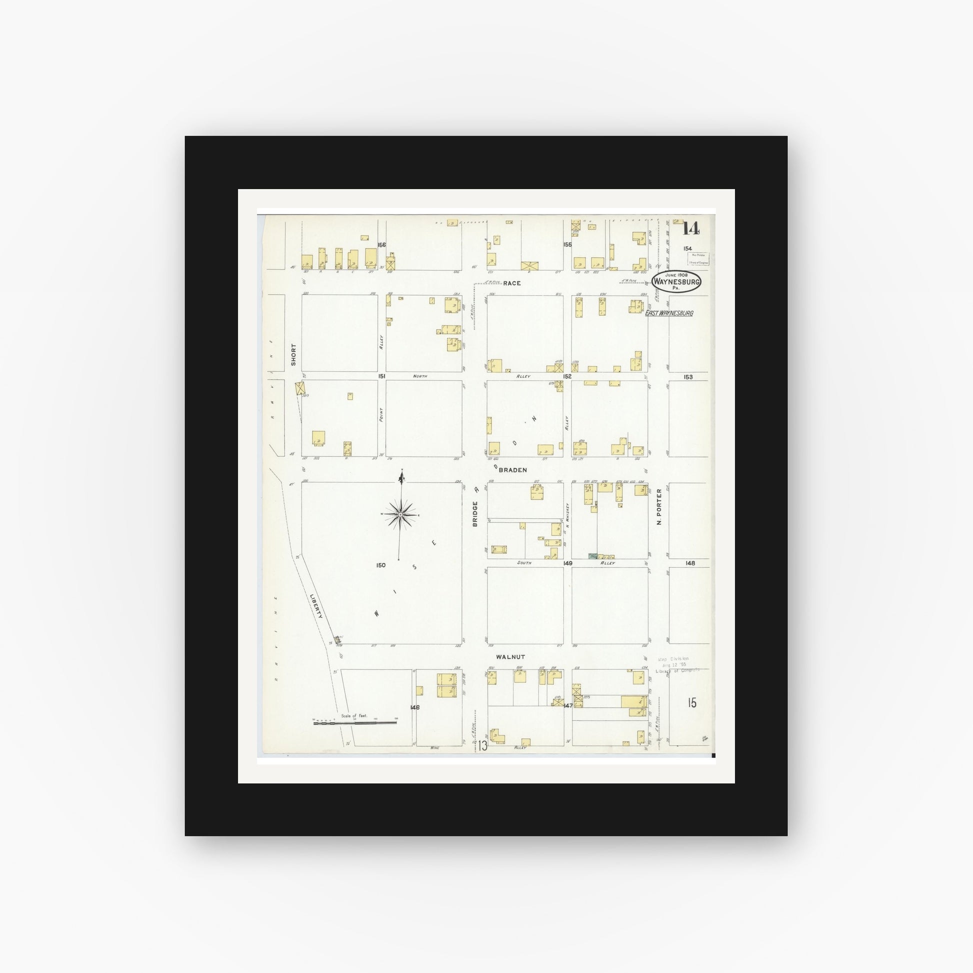 Old map wall art mockup — black gallery frame with white mat — Sanborn Fire Insurance Map from Waynesburg, Greene County, Pennsylvania (1908), Sheet #0014