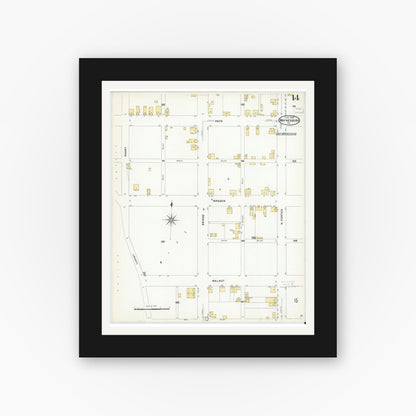 Old map wall art mockup — black gallery frame with white mat — Sanborn Fire Insurance Map from Waynesburg, Greene County, Pennsylvania (1908), Sheet #0014