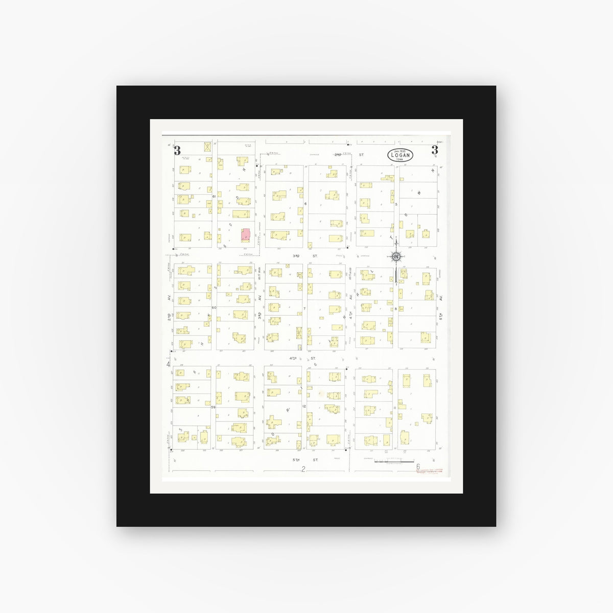 Old map wall art mockup — black gallery frame with white mat — Sanborn Fire Insurance Map from Logan, Harrison County, Iowa (1930), Sheet #0003