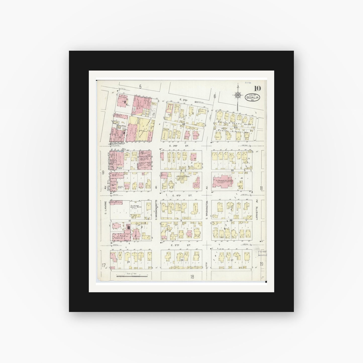 Old map wall art mockup — black gallery frame with white mat — Sanborn Fire Insurance Map from Sedalia, Pettis County, Missouri (1914), Sheet #0010