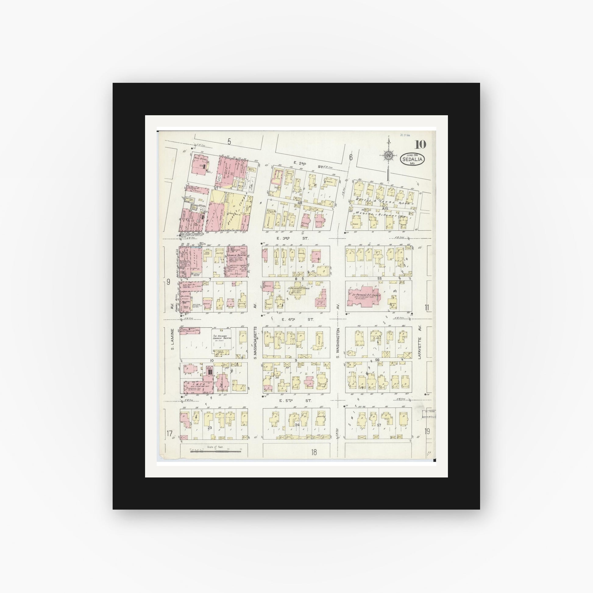 Old map wall art mockup — black gallery frame with white mat — Sanborn Fire Insurance Map from Sedalia, Pettis County, Missouri (1914), Sheet #0010