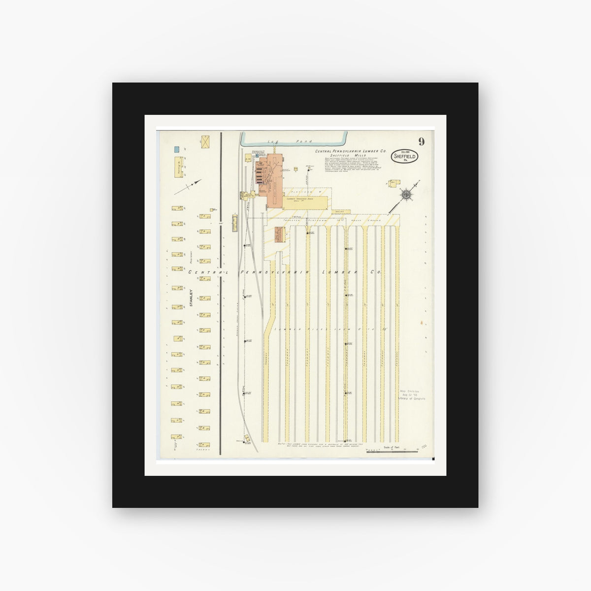 Old map wall art mockup — black gallery frame with white mat — Sanborn Fire Insurance Map from Sheffield, Warren County, Pennsylvania (1910), Sheet #0009