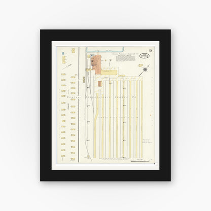 Old map wall art mockup — black gallery frame with white mat — Sanborn Fire Insurance Map from Sheffield, Warren County, Pennsylvania (1910), Sheet #0009