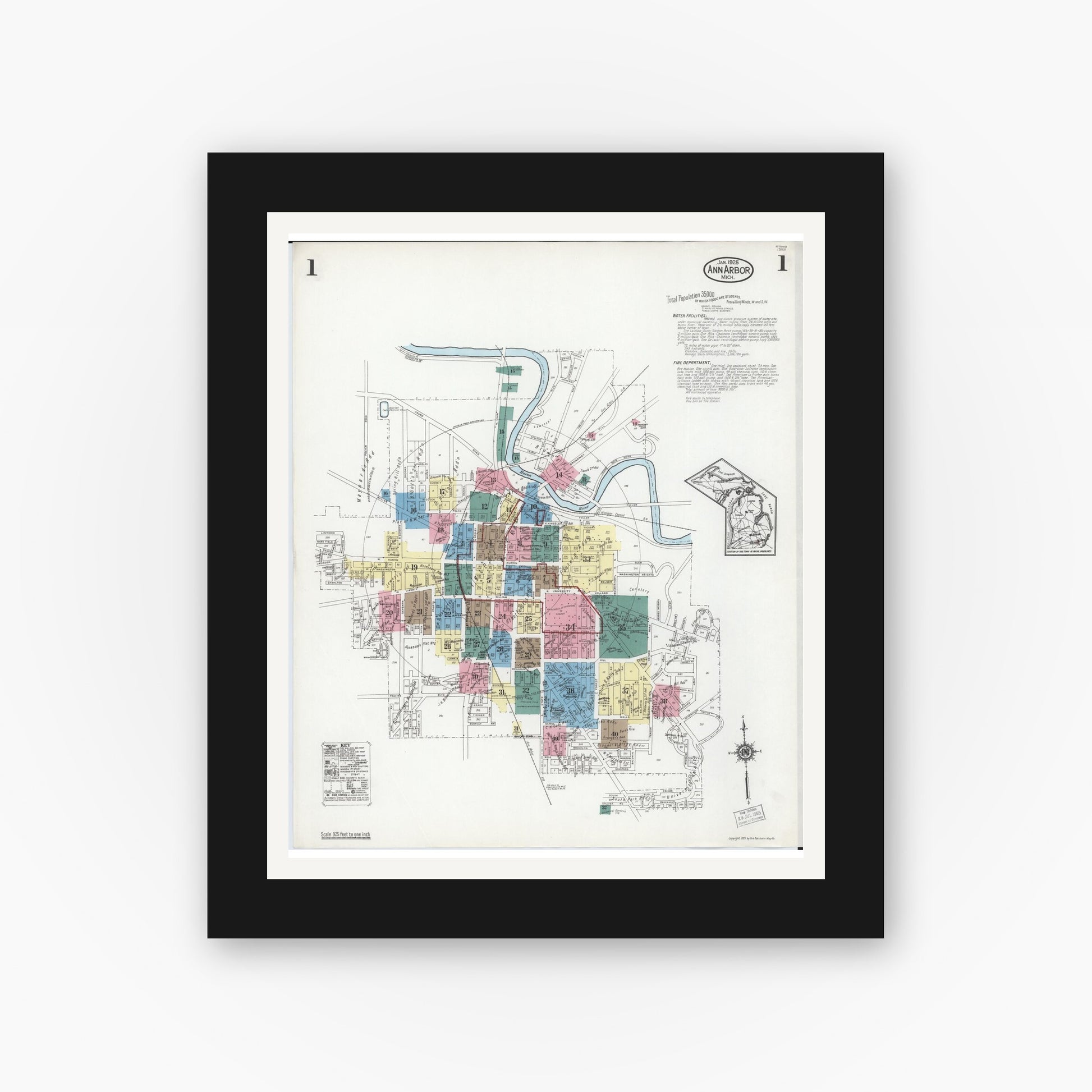Old map wall art mockup — black gallery frame with white mat — Sanborn Fire Insurance Map from Ann Arbor, Washtenaw County, Michigan (1925), Sheet #0001