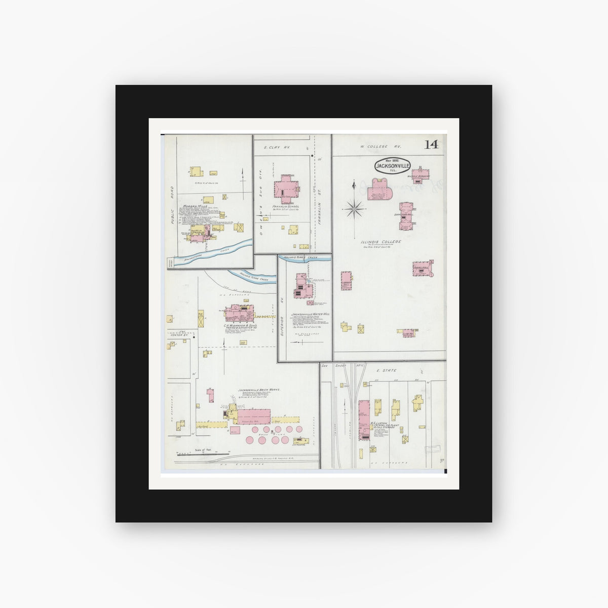 Old map wall art mockup — black gallery frame with white mat — Sanborn Fire Insurance Map from Jacksonville, Morgan County, Illinois (1892), Sheet #0014